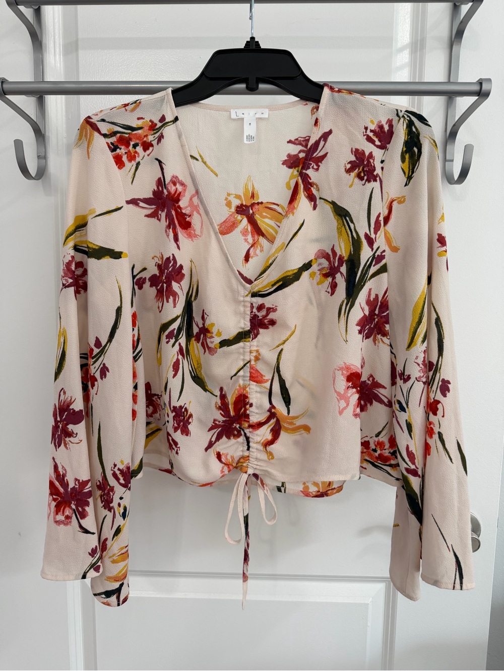 Leith Floral V-Neck Drawstring Blouse - Cream with Red & Green Accents